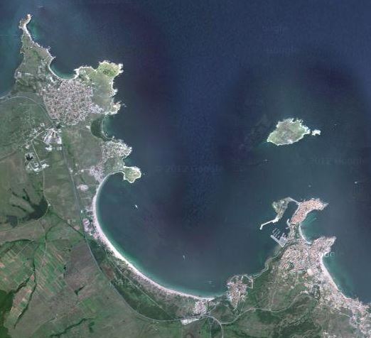 Созопол и прилежащите му острови, погледнати от Космоса.